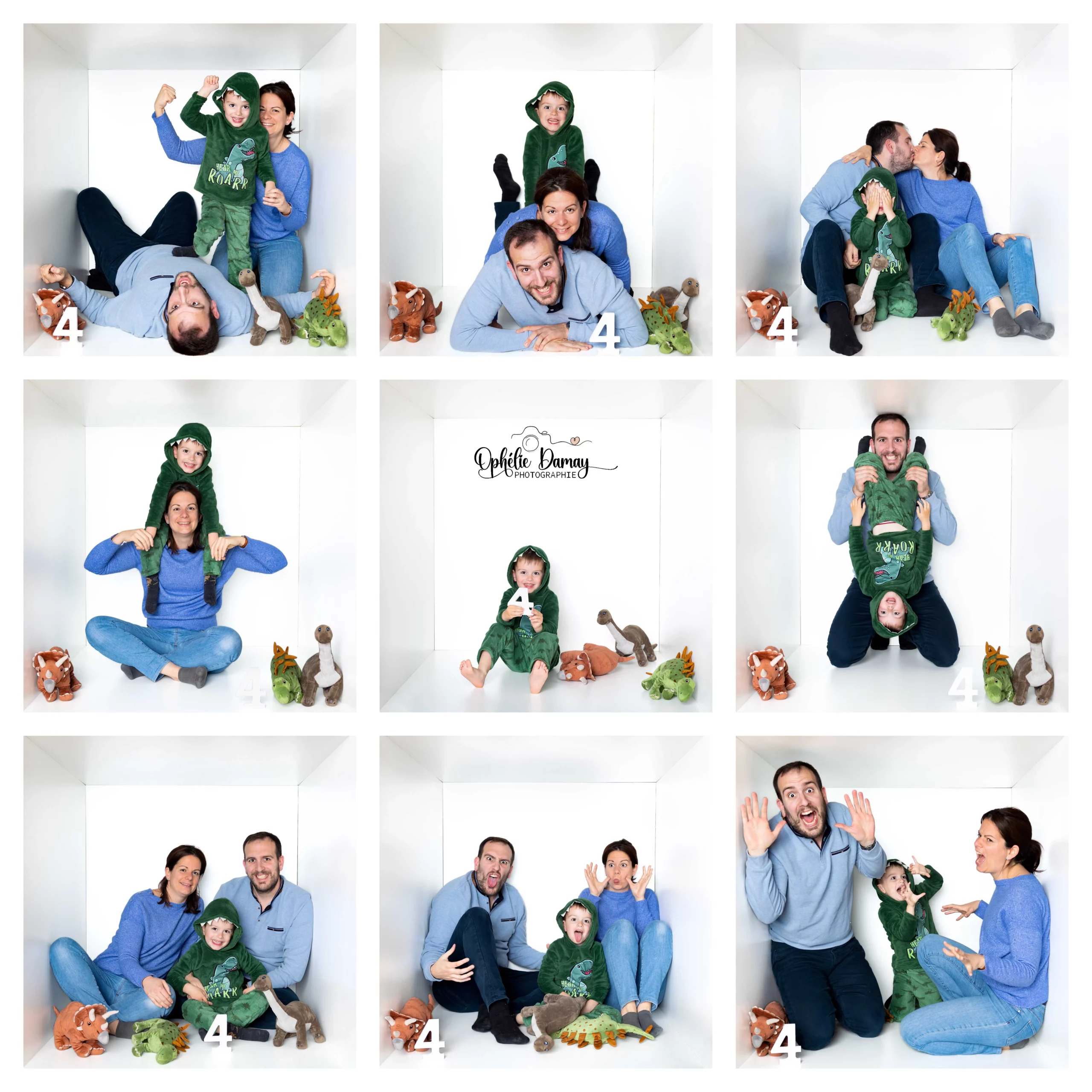 alt="Montage photo Family Box : portraits originaux de chaque membre de la famille dans une boîte lors d'un anniversaire"