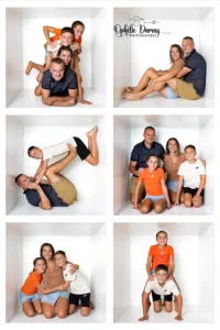alt="Montage photo Family Box : portraits créatifs de chaque membre de la famille dans une boîte"