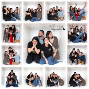 alt="Montage photo Family Box : portraits rigolos d'un groupe de jeunes s'amusant lors d'une séance photo dans une boîte"