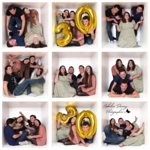 alt="Montage photo Family Box : portraits fun d'un groupe d'amis dans une boîte pour un anniversaire"