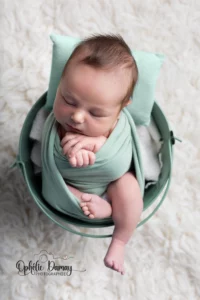 alt="Portrait de nouveau-né emmailloté, posé dans un panier, studio photo à Hargnies"